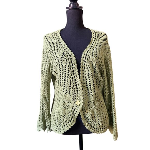 Crochet green XL one button cardigan long flare sleeve peplum fit & flare - Picture 1 of 6
